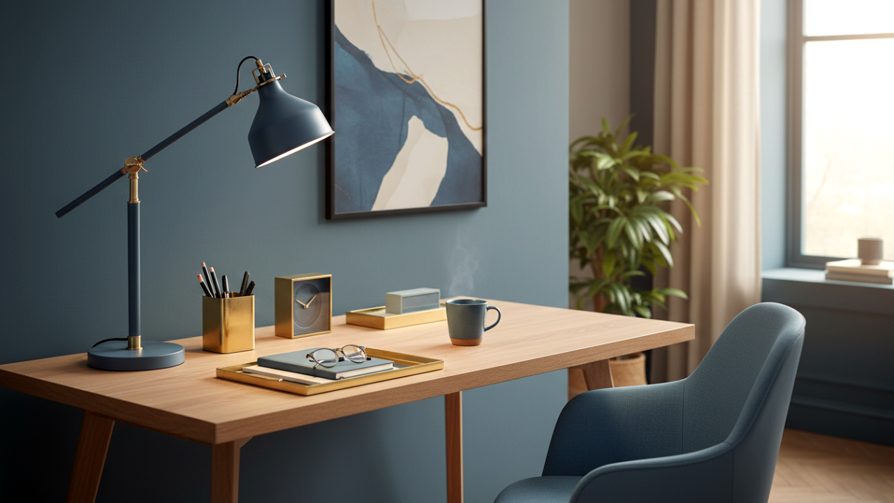 Çalışma Alanınıza IKEA’nın Zarif Dokunuşu: Slate Blue ve Pirinç Aksesuarlar 🏠✨